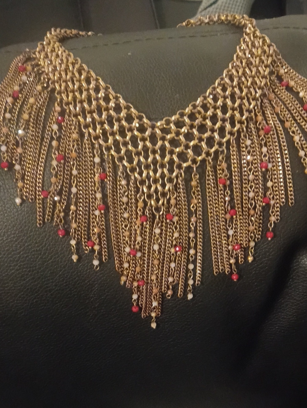 Kenneth Jay Lane Gold-Tone Fringe Necklace with Red and White Beads